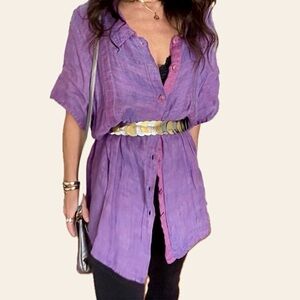 FLAX Purple Short Sleeve Button Down Linen Shirt